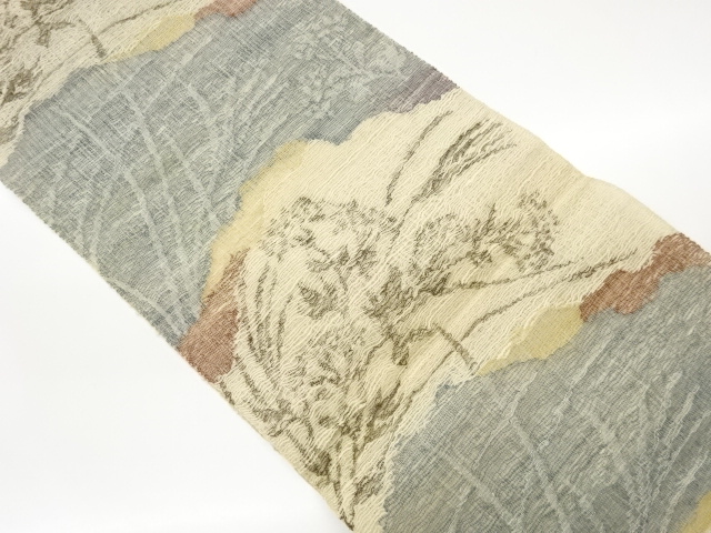 JAPANESE NAGOYA OBI FOR SUMMER / WOVEN ABSTRACT FLORAL PLANTS